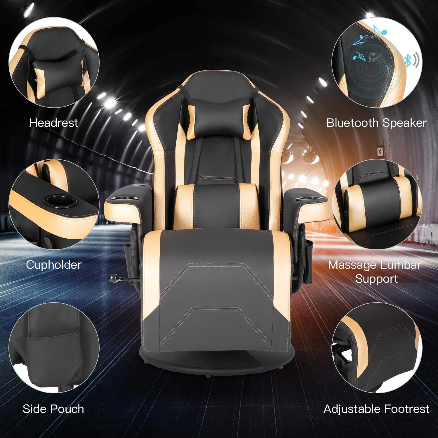 Modern-Depo Massage Video Gaming Recliner Chair, Ergonomic High Back Swivel Reclining Chair with Speakers, Cupholder, Headrest, Lumbar Support, Adjustable Backrest and Footrest, Black Gold