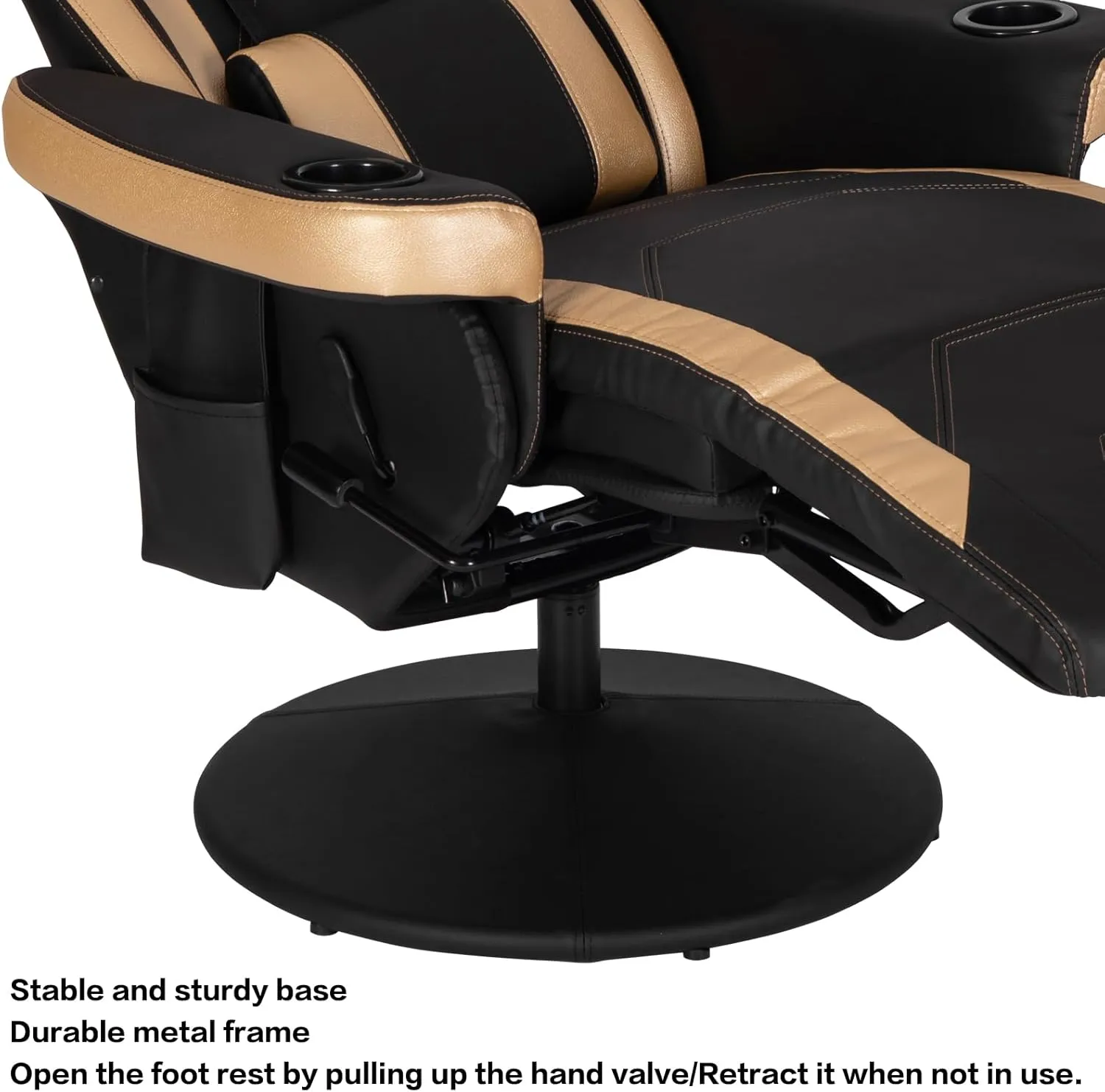 Modern-Depo Massage Video Gaming Recliner Chair, Ergonomic High Back Swivel Reclining Chair with Speakers, Cupholder, Headrest, Lumbar Support, Adjustable Backrest and Footrest, Black Gold