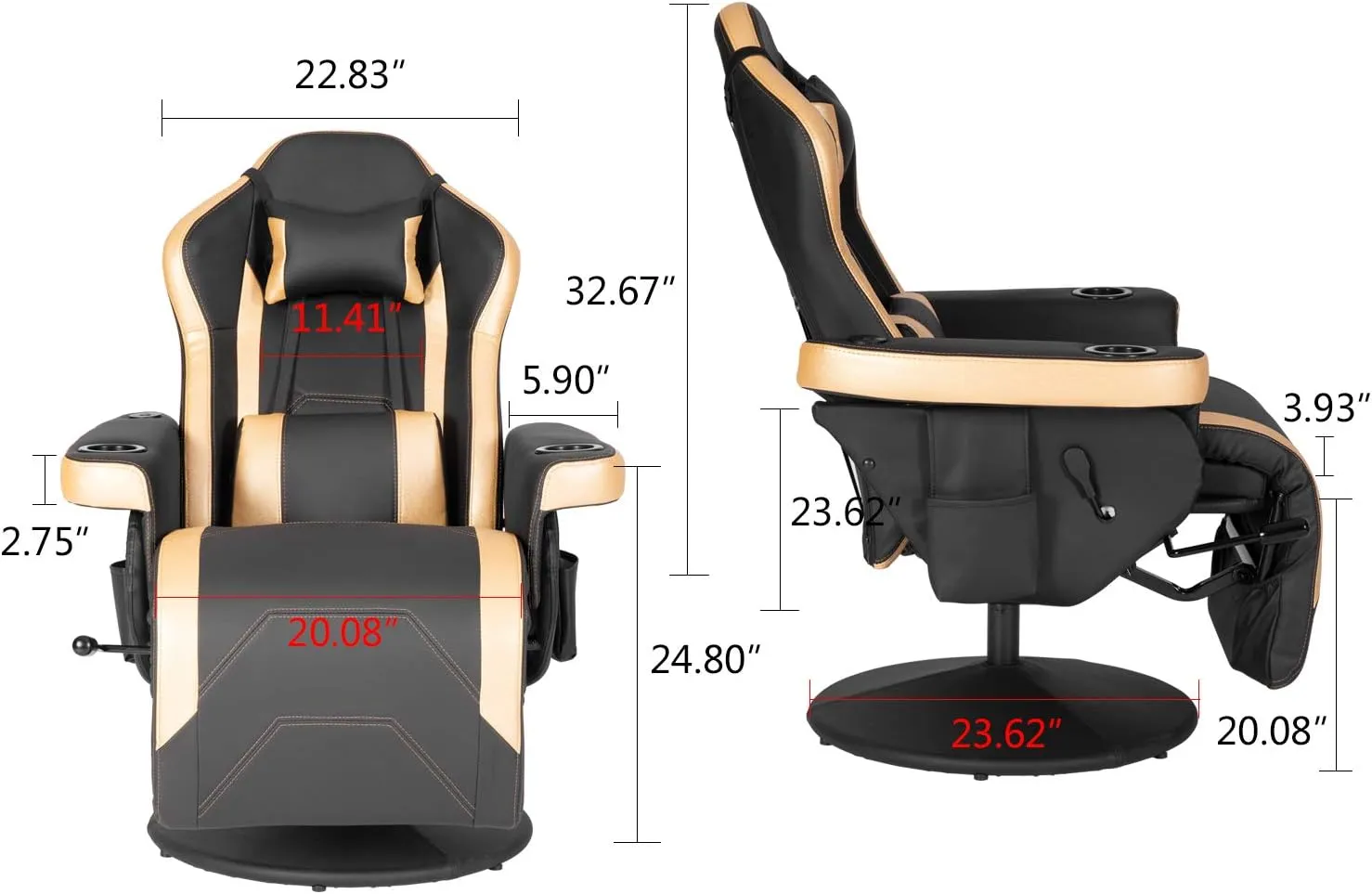 Modern-Depo Massage Video Gaming Recliner Chair, Ergonomic High Back Swivel Reclining Chair with Speakers, Cupholder, Headrest, Lumbar Support, Adjustable Backrest and Footrest, Black Gold