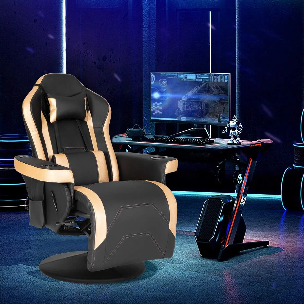 Modern-Depo Massage Video Gaming Recliner Chair, Ergonomic High Back Swivel Reclining Chair with Speakers, Cupholder, Headrest, Lumbar Support, Adjustable Backrest and Footrest, Black Gold