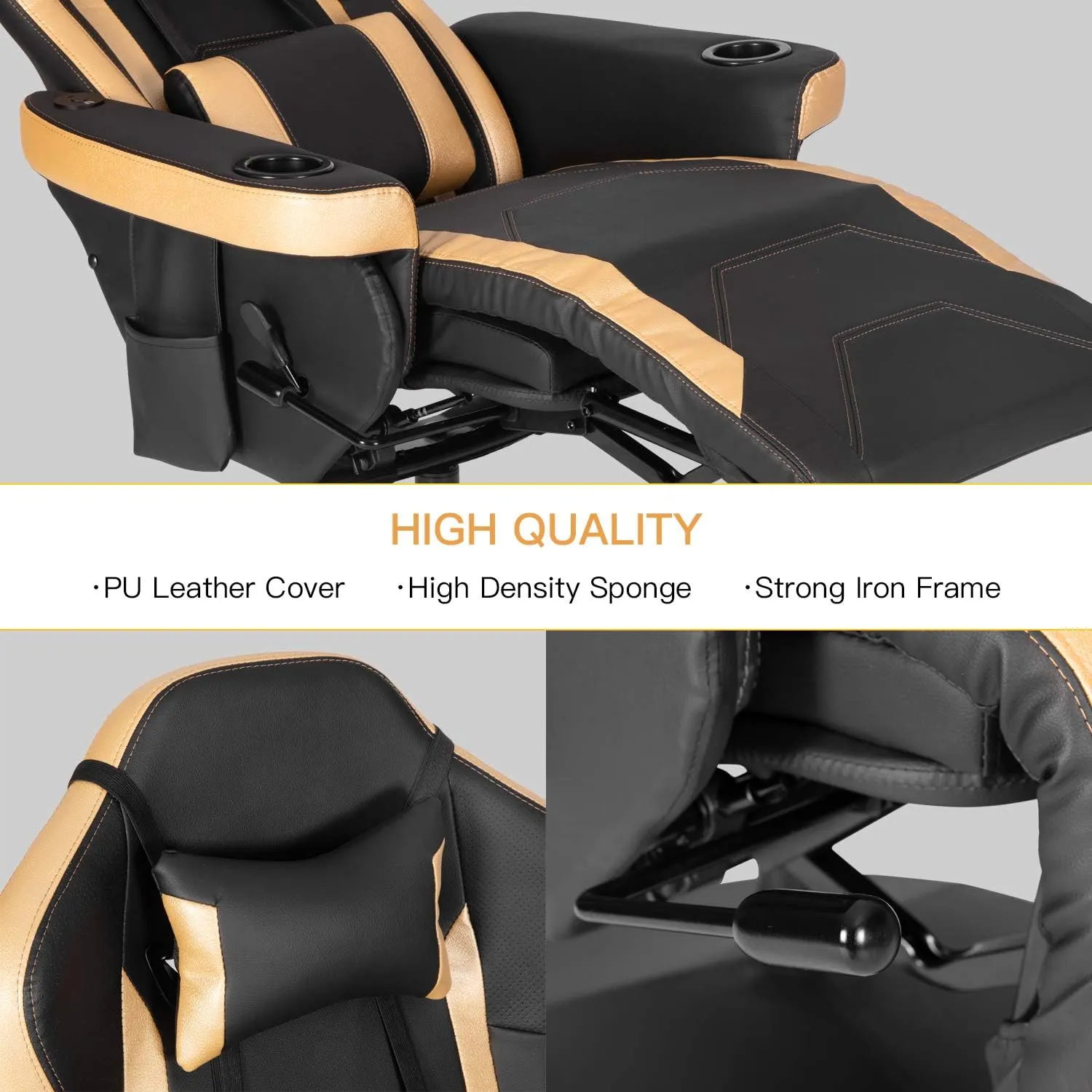 Modern-Depo Massage Video Gaming Recliner Chair, Ergonomic High Back Swivel Reclining Chair with Speakers, Cupholder, Headrest, Lumbar Support, Adjustable Backrest and Footrest, Black Gold