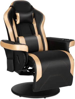 Modern-Depo Massage Video Gaming Recliner Chair, Ergonomic High Back Swivel Reclining Chair with Speakers, Cupholder, Headrest, Lumbar Support, Adjustable Backrest and Footrest, Black Gold