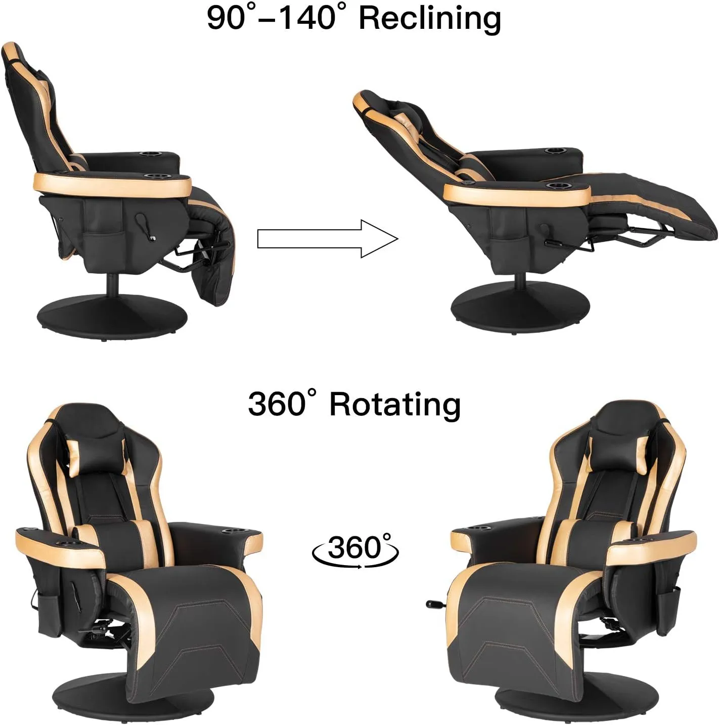 Modern-Depo Massage Video Gaming Recliner Chair, Ergonomic High Back Swivel Reclining Chair with Speakers, Cupholder, Headrest, Lumbar Support, Adjustable Backrest and Footrest, Black Gold