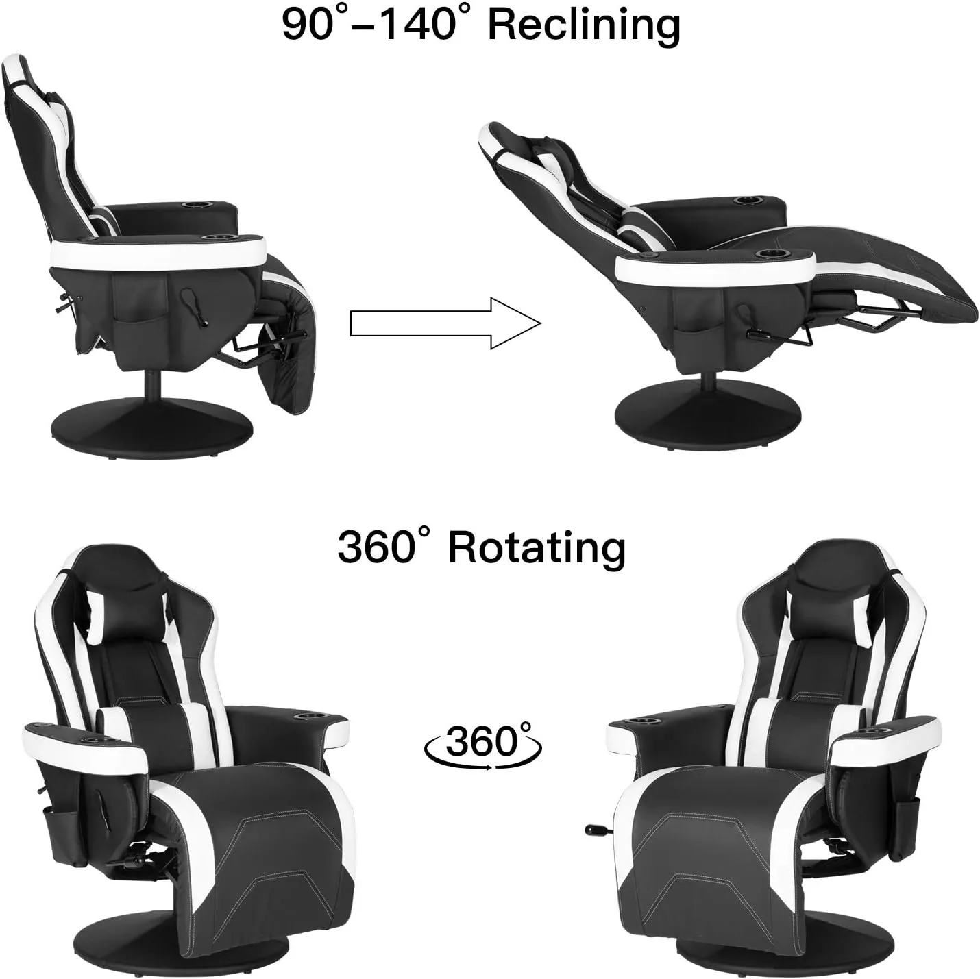 Modern-Depo Massage Video Gaming Recliner Chair, Ergonomic High Back Swivel Reclining Chair with Speakers, Cupholder, Headrest, Lumbar Support, Adjustable Backrest and Footrest, Black White