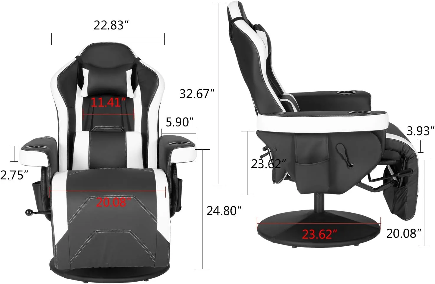 Modern-Depo Massage Video Gaming Recliner Chair, Ergonomic High Back Swivel Reclining Chair with Speakers, Cupholder, Headrest, Lumbar Support, Adjustable Backrest and Footrest, Black White