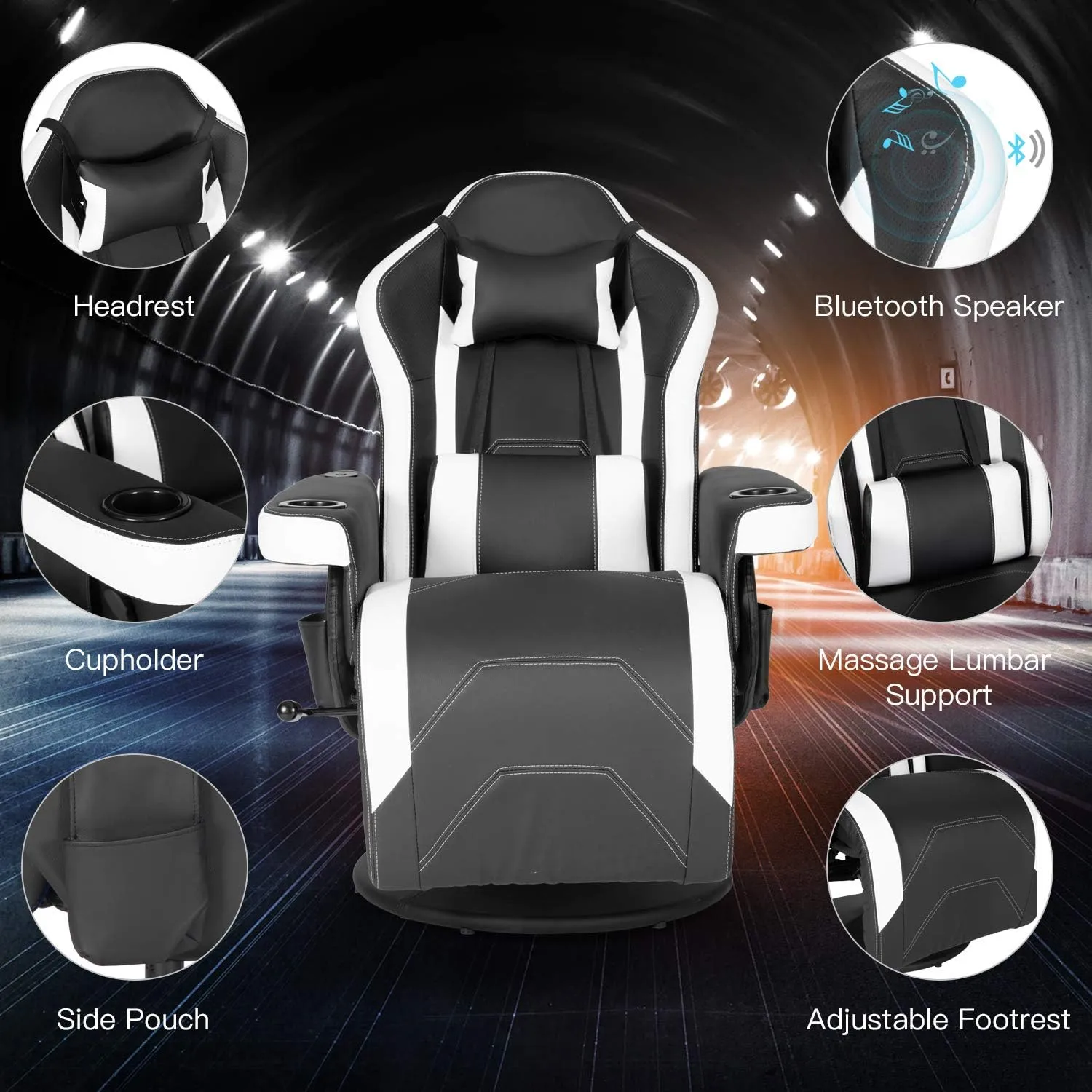 Modern-Depo Massage Video Gaming Recliner Chair, Ergonomic High Back Swivel Reclining Chair with Speakers, Cupholder, Headrest, Lumbar Support, Adjustable Backrest and Footrest, Black White