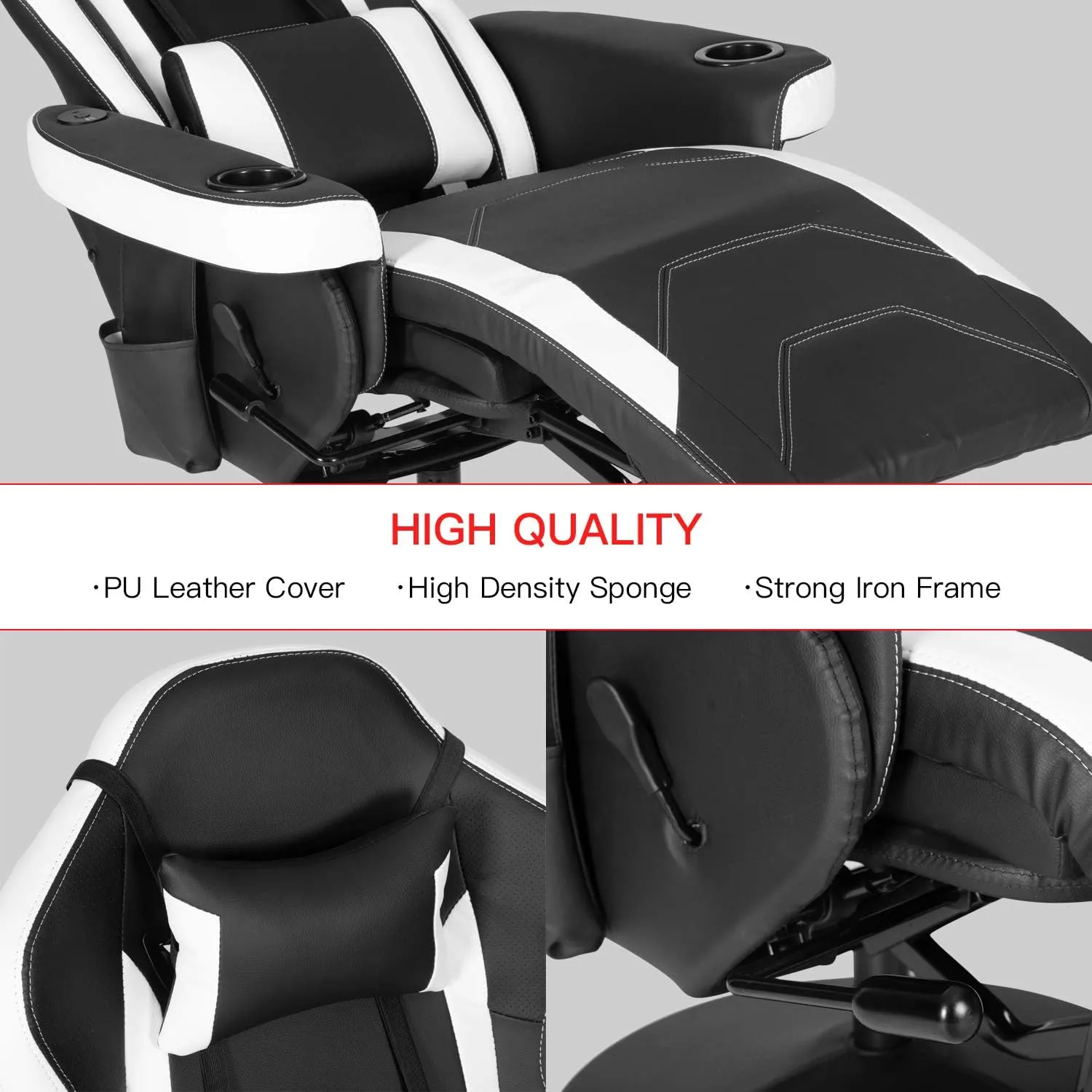 Modern-Depo Massage Video Gaming Recliner Chair, Ergonomic High Back Swivel Reclining Chair with Speakers, Cupholder, Headrest, Lumbar Support, Adjustable Backrest and Footrest, Black White