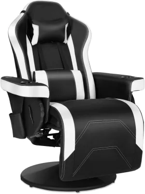 Modern-Depo Massage Video Gaming Recliner Chair, Ergonomic High Back Swivel Reclining Chair with Speakers, Cupholder, Headrest, Lumbar Support, Adjustable Backrest and Footrest, Black White