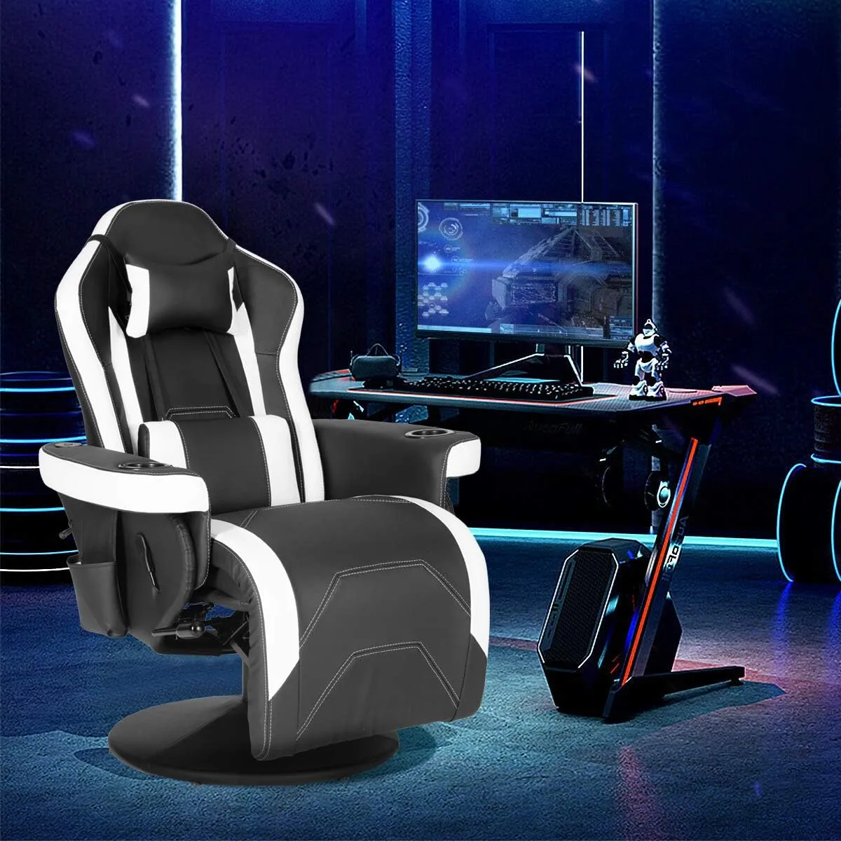 Modern-Depo Massage Video Gaming Recliner Chair, Ergonomic High Back Swivel Reclining Chair with Speakers, Cupholder, Headrest, Lumbar Support, Adjustable Backrest and Footrest, Black White
