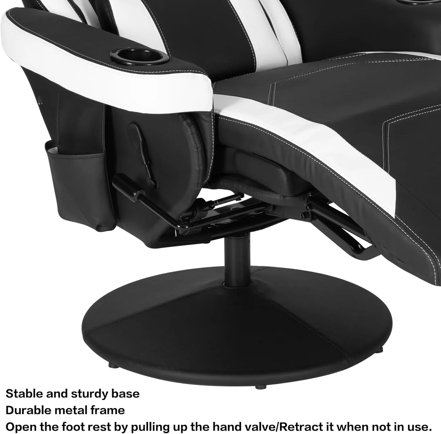Modern-Depo Massage Video Gaming Recliner Chair, Ergonomic High Back Swivel Reclining Chair with Speakers, Cupholder, Headrest, Lumbar Support, Adjustable Backrest and Footrest, Black White