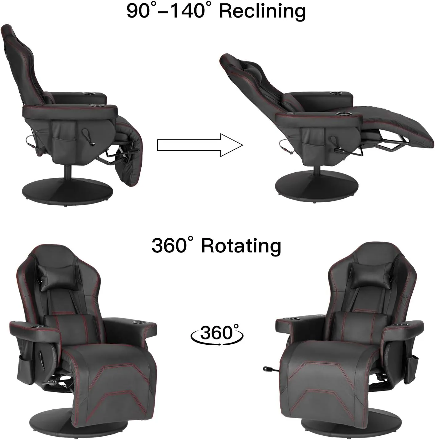 Modern-Depo Massage Video Gaming Recliner Chair, Ergonomic High Back Swivel Reclining Chair with Speakers, Cupholder, Headrest, Lumbar Support, Adjustable Backrest and Footrest, Black