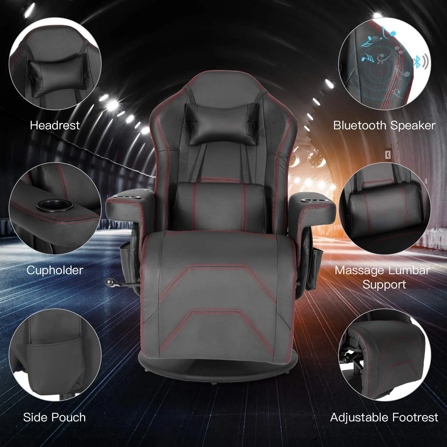Modern-Depo Massage Video Gaming Recliner Chair, Ergonomic High Back Swivel Reclining Chair with Speakers, Cupholder, Headrest, Lumbar Support, Adjustable Backrest and Footrest, Black