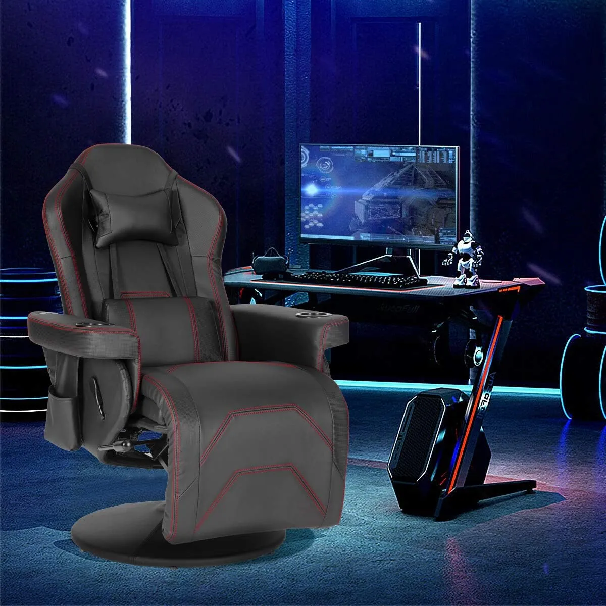 Modern-Depo Massage Video Gaming Recliner Chair, Ergonomic High Back Swivel Reclining Chair with Speakers, Cupholder, Headrest, Lumbar Support, Adjustable Backrest and Footrest, Black