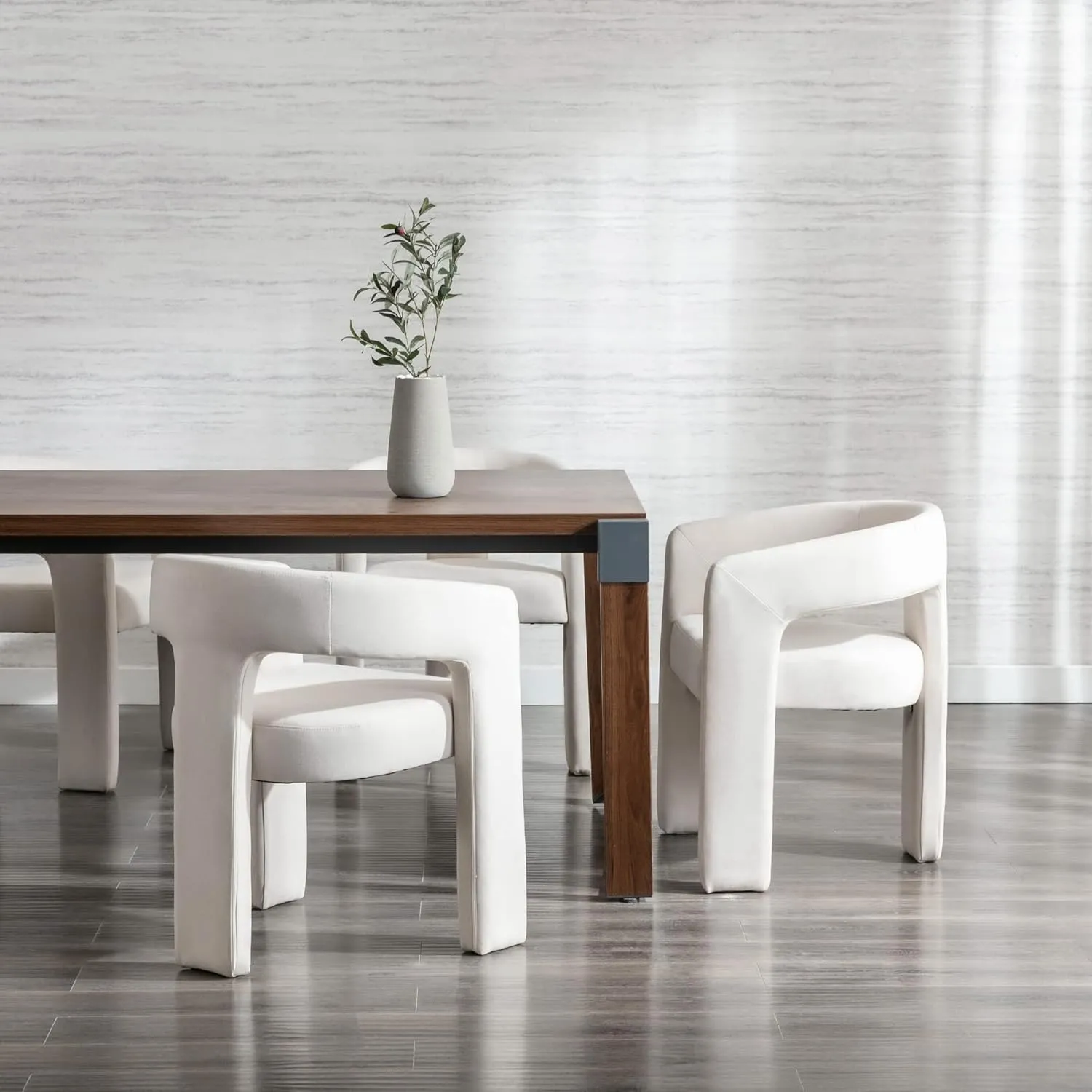 Modern Dining Chair, Linen Upholstered Barrel Kitchen Chair, Round Dining Chairs with Wooden Legs, Assembled Accent Armchairs for Dining Room/Living Room/Bedroom/Side, Ivory