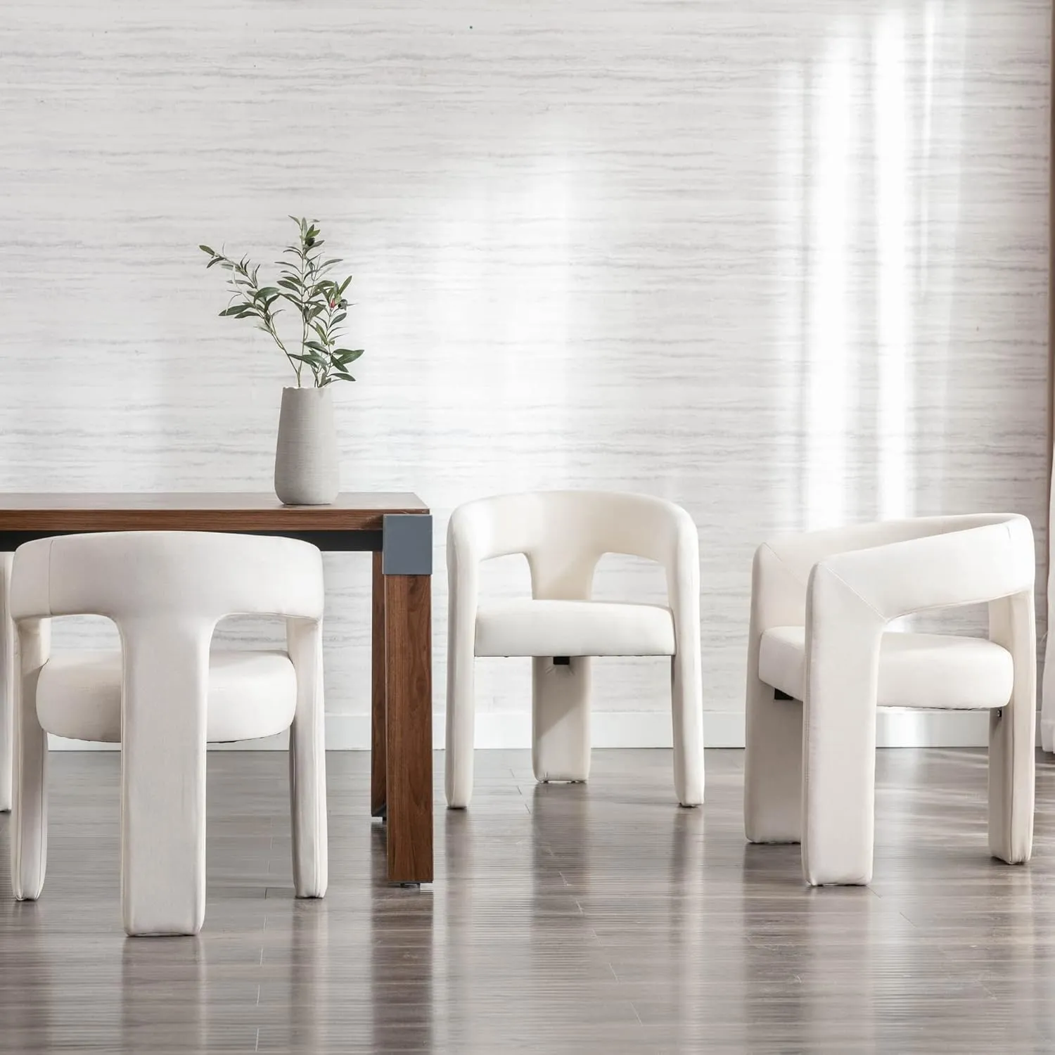 Modern Dining Chair, Linen Upholstered Barrel Kitchen Chair, Round Dining Chairs with Wooden Legs, Assembled Accent Armchairs for Dining Room/Living Room/Bedroom/Side, Ivory