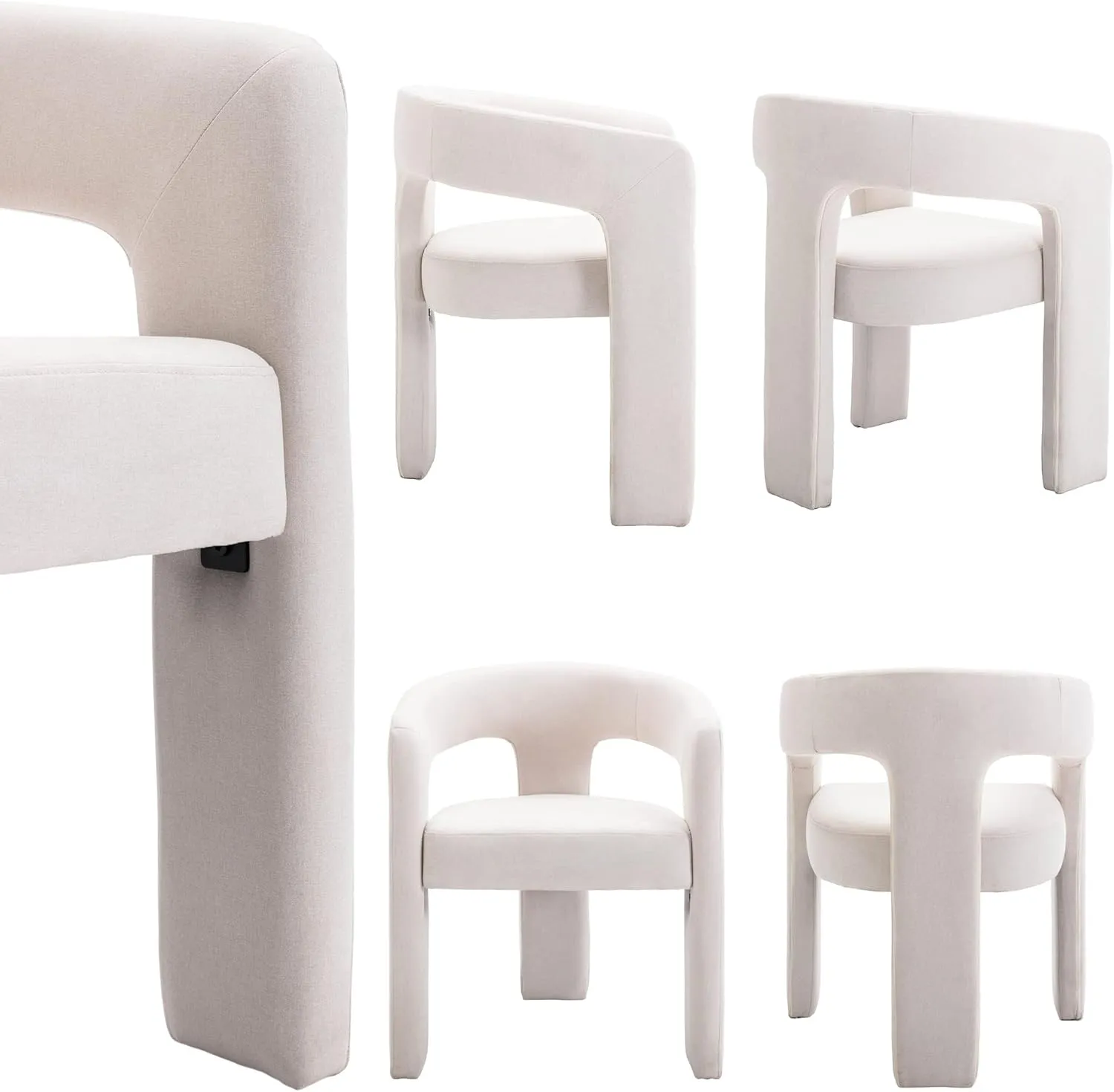 Modern Dining Chair, Linen Upholstered Barrel Kitchen Chair, Round Dining Chairs with Wooden Legs, Assembled Accent Armchairs for Dining Room/Living Room/Bedroom/Side, Ivory
