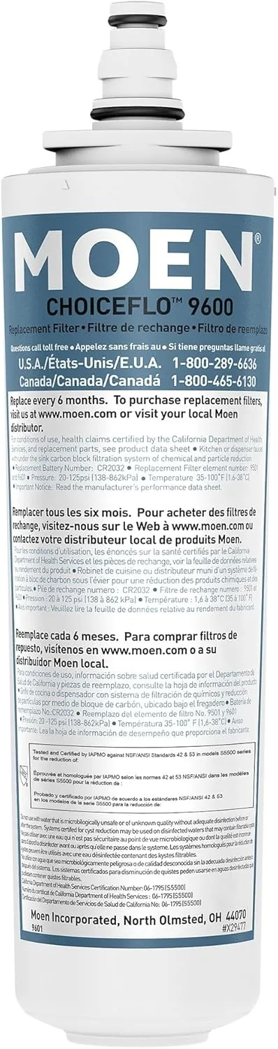 Moen 9601 ChoiceFlo Replacement Water Filter Compatible with Moen Sip Filtered Kitchen Faucets