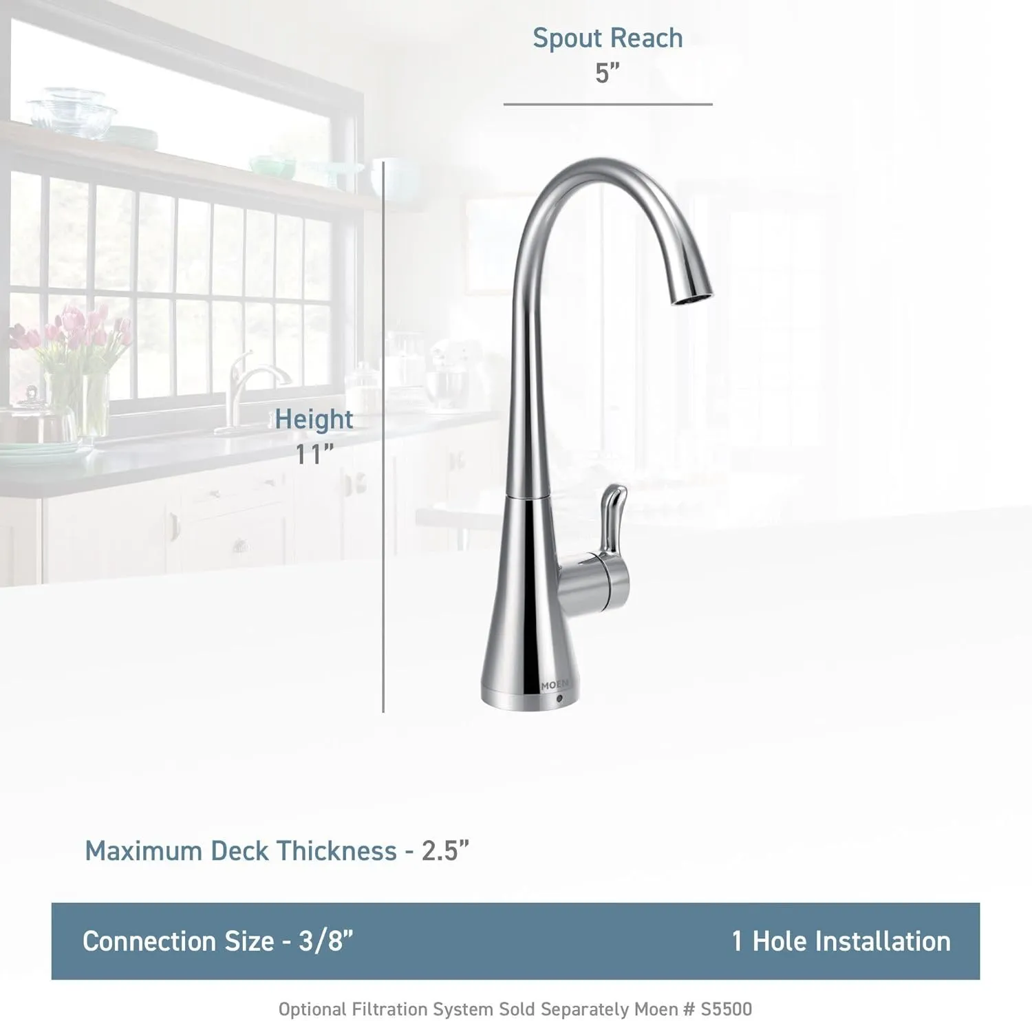 Moen S5520BG Sip Transitional Cold Water Kitchen Beverage Faucet, Optional Filtration System Available (Sold Separately), Brushed Gold