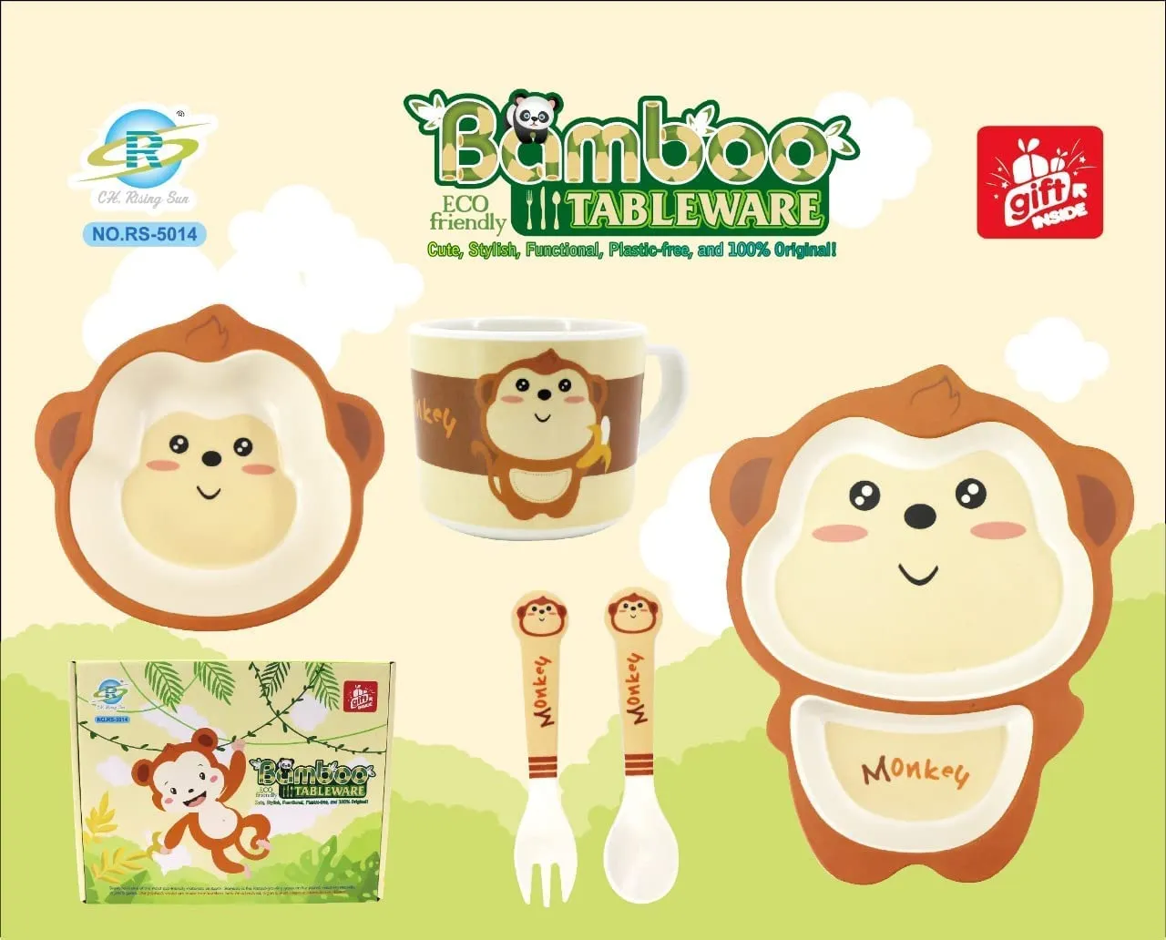 Monkey Bamboo Fiber 5 Piece Feeding Set - 100% bamboo No Plastic