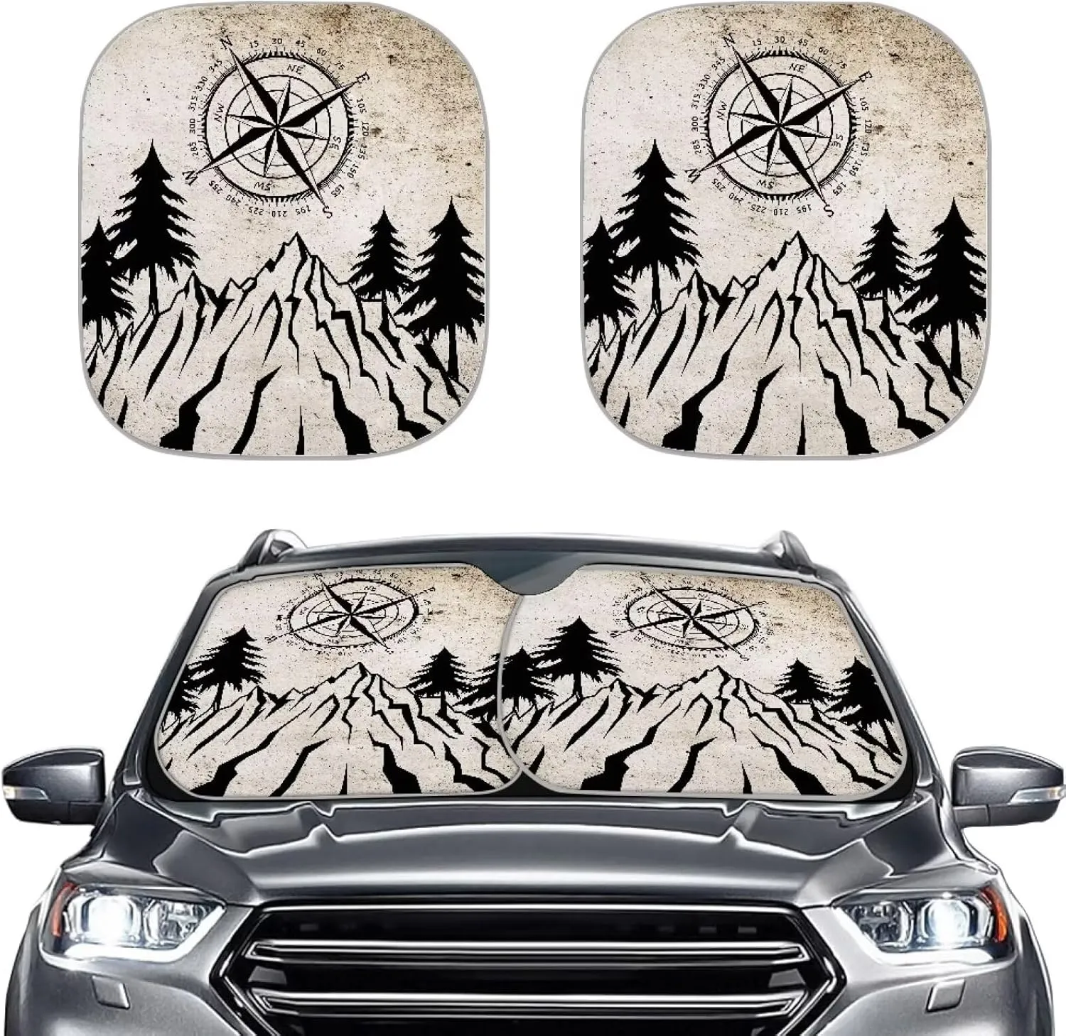 Mountain Compass Car Window Shades Foldable Automotive Interior Accessories for Sun Protection Heat and UV Rays That Keeps Vehicle Cool Universal Fit Most Cars Women Men