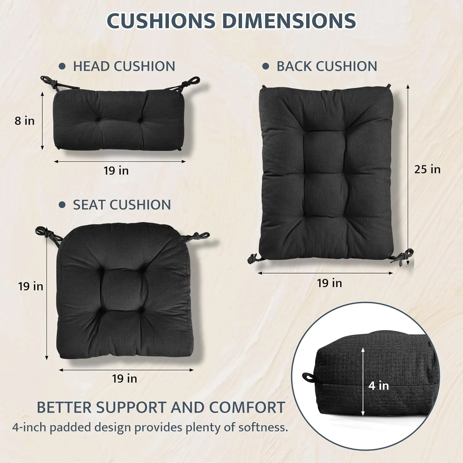mudilun Rocking Chair Cushion Anti-Slip Tufted High Back Rocking Chair Cushion with Ties and Removable Neck Pillow Rocking Chair Seat Cushions for Bedroom, Living Room, Baby Room, Outdoor Patio Chair
