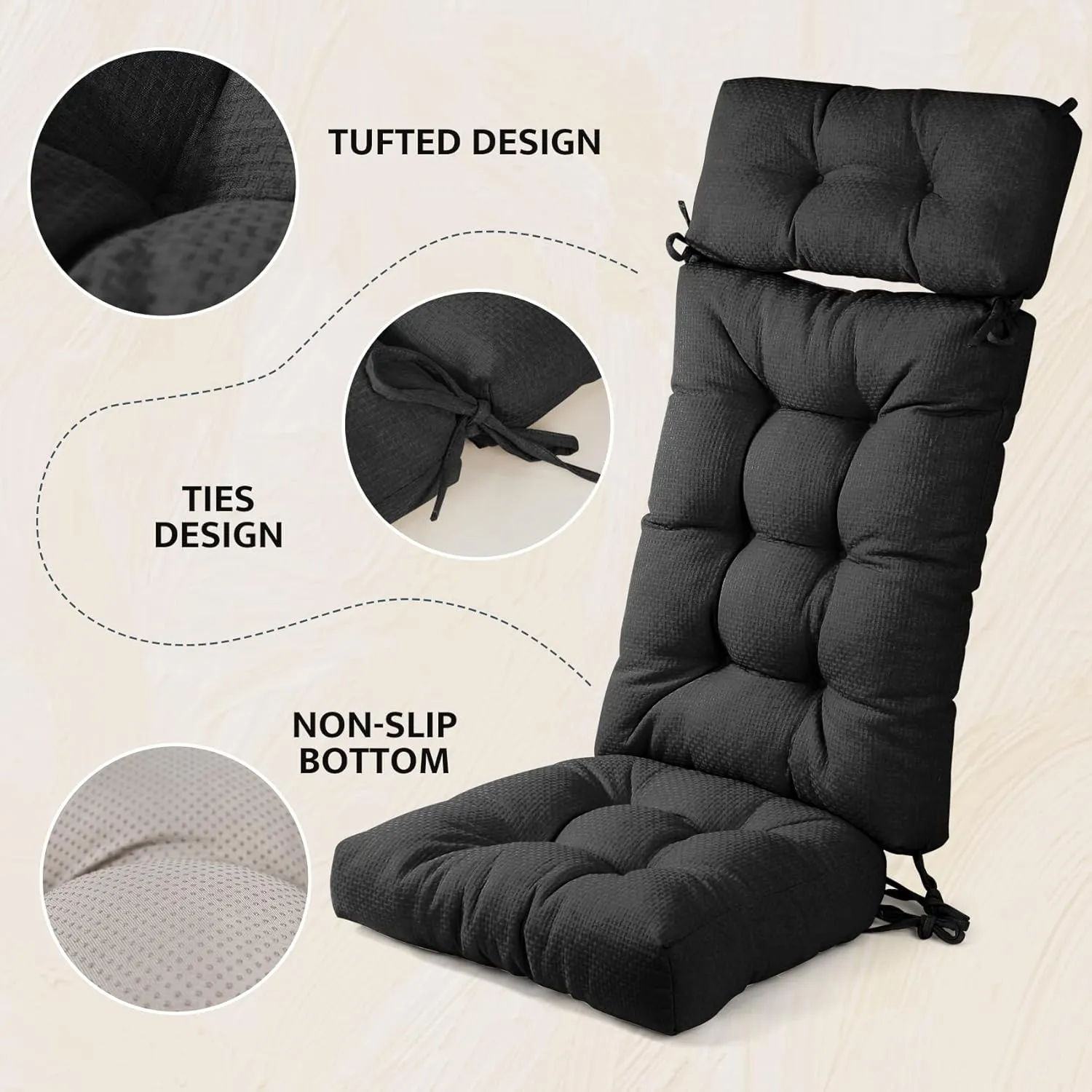 mudilun Rocking Chair Cushion Anti-Slip Tufted High Back Rocking Chair Cushion with Ties and Removable Neck Pillow Rocking Chair Seat Cushions for Bedroom, Living Room, Baby Room, Outdoor Patio Chair