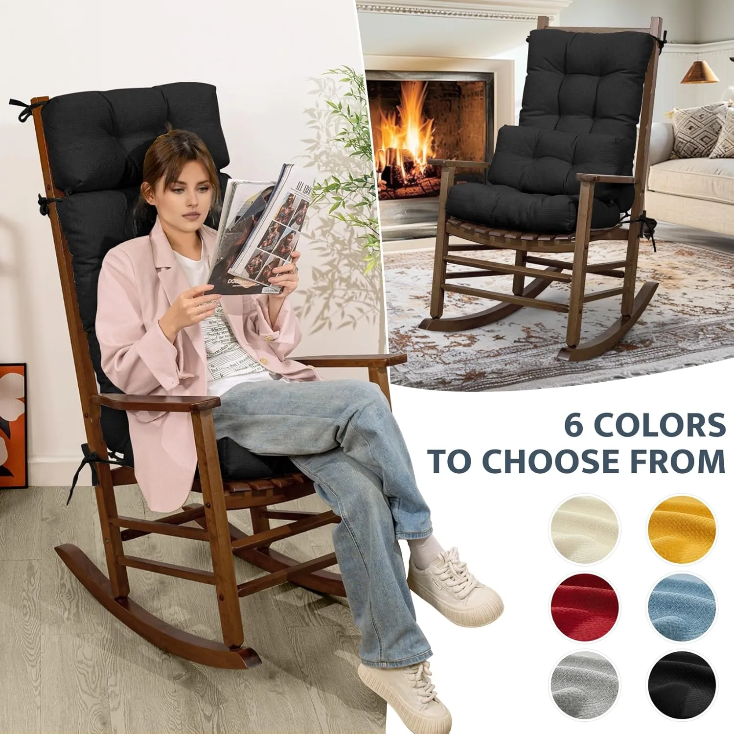 mudilun Rocking Chair Cushion Anti-Slip Tufted High Back Rocking Chair Cushion with Ties and Removable Neck Pillow Rocking Chair Seat Cushions for Bedroom, Living Room, Baby Room, Outdoor Patio Chair