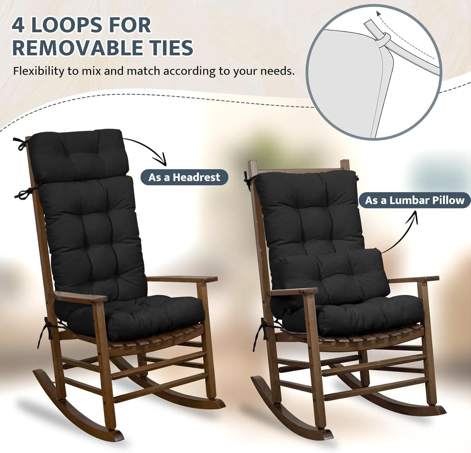 mudilun Rocking Chair Cushion Anti-Slip Tufted High Back Rocking Chair Cushion with Ties and Removable Neck Pillow Rocking Chair Seat Cushions for Bedroom, Living Room, Baby Room, Outdoor Patio Chair