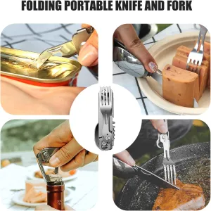 Multifunction Tableware Set | Stainless Steel Camping Utensils Cutlery | Portable Travel Utensil | Foldable Knives Fork Spoon Bottle Opener Combo