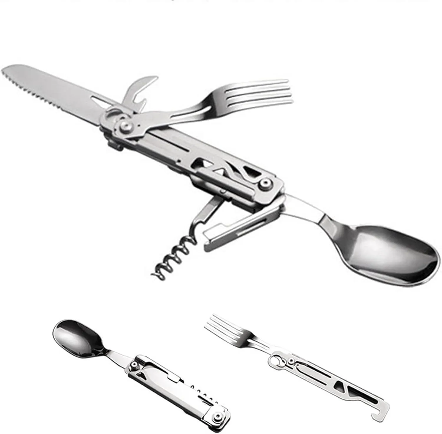 Multifunction Tableware Set | Stainless Steel Camping Utensils Cutlery | Portable Travel Utensil | Foldable Knives Fork Spoon Bottle Opener Combo
