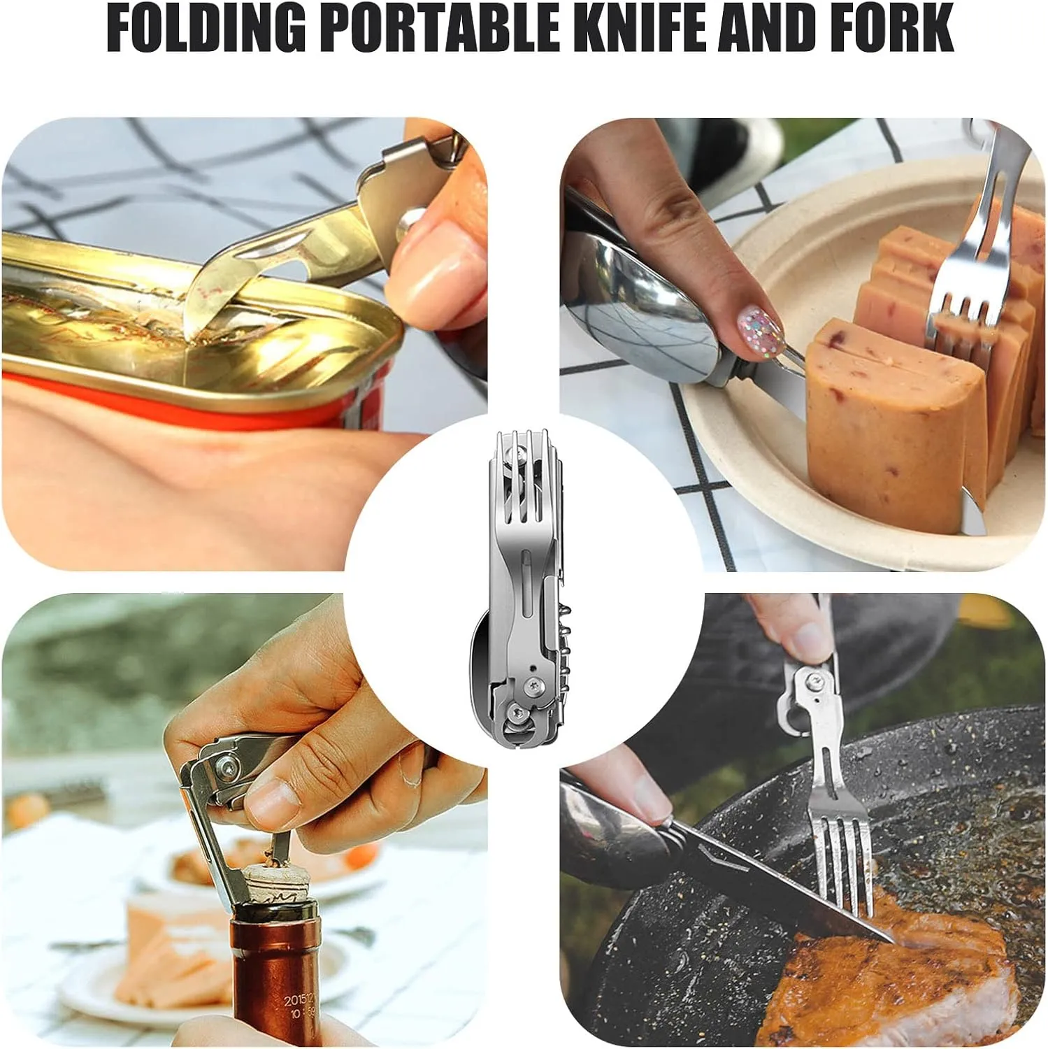 Multifunction Tableware Set | Stainless Steel Camping Utensils Cutlery | Portable Travel Utensil | Foldable Knives Fork Spoon Bottle Opener Combo