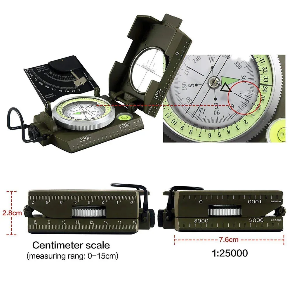 Multifunctional Military Compass Waterproof Metal Survival Tool with Fluorescent Dial