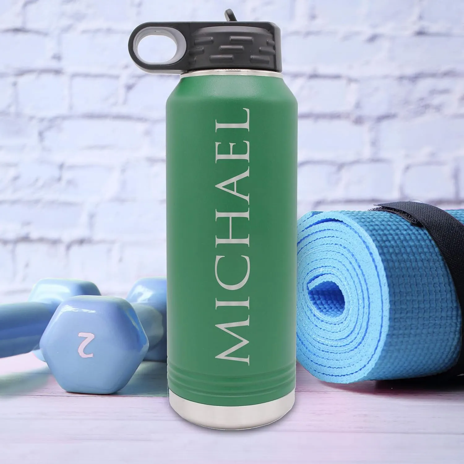My Personal Memories Custom Personalized Premium 32 oz Vacuum Insulated Powder Coated Stainless Steel Sports Water Bottle with Straw for Workouts, Yoga, Gym, Office, Work, Women, Men (Green)