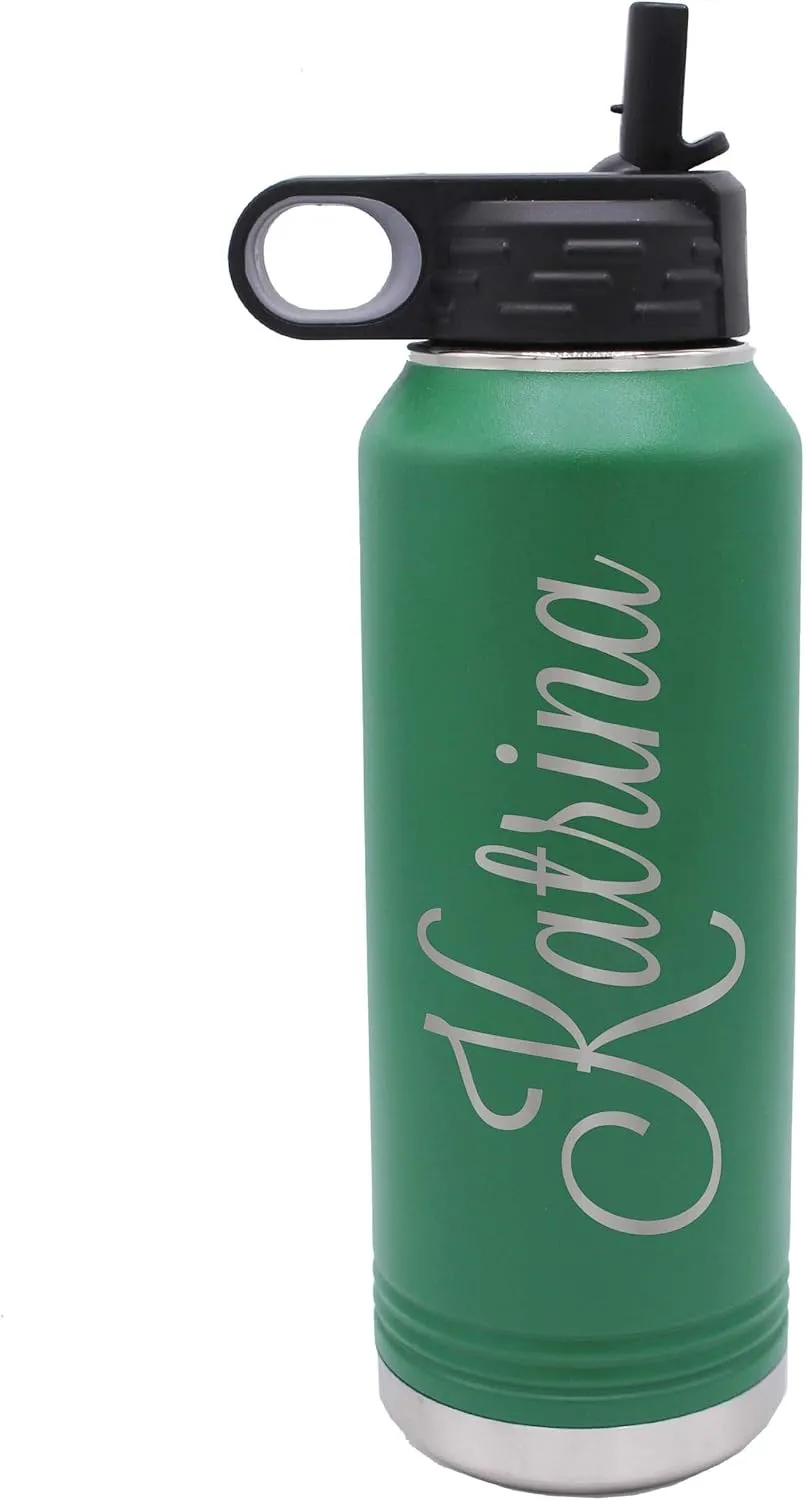My Personal Memories Custom Personalized Premium 32 oz Vacuum Insulated Powder Coated Stainless Steel Sports Water Bottle with Straw for Workouts, Yoga, Gym, Office, Work, Women, Men (Green)