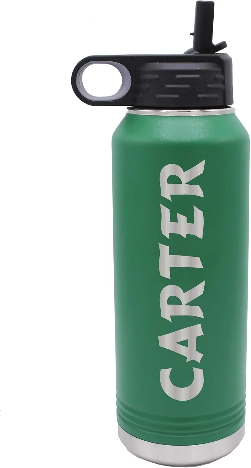 My Personal Memories Custom Personalized Premium 32 oz Vacuum Insulated Powder Coated Stainless Steel Sports Water Bottle with Straw for Workouts, Yoga, Gym, Office, Work, Women, Men (Green)