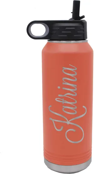 My Personal Memories Customized Premium 32 oz Vacuum Insulated Powder Coated Stainless Steel Sports Water Bottle with Straw for Workouts, Yoga, Office, Work, Women, Men (Coral)