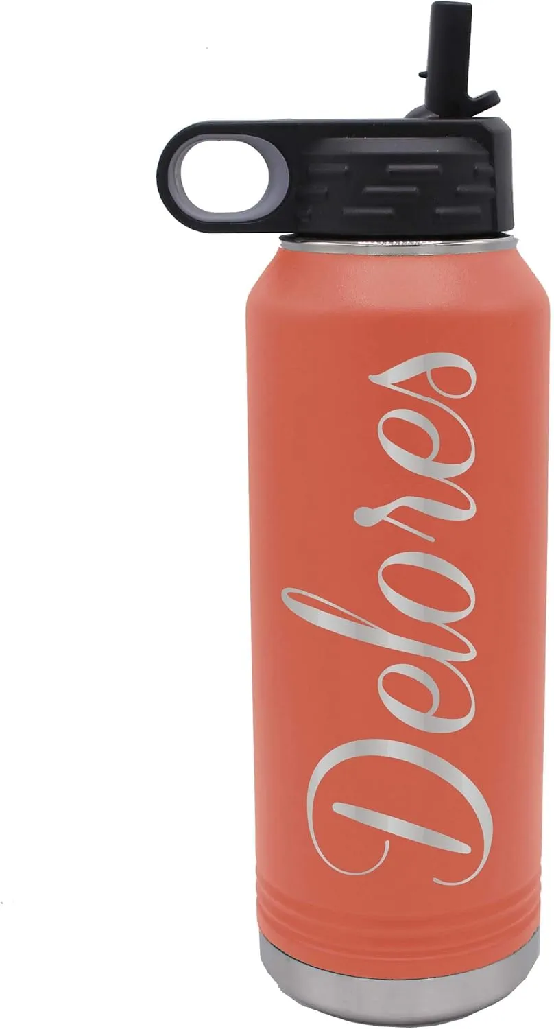 My Personal Memories Customized Premium 32 oz Vacuum Insulated Powder Coated Stainless Steel Sports Water Bottle with Straw for Workouts, Yoga, Office, Work, Women, Men (Coral)