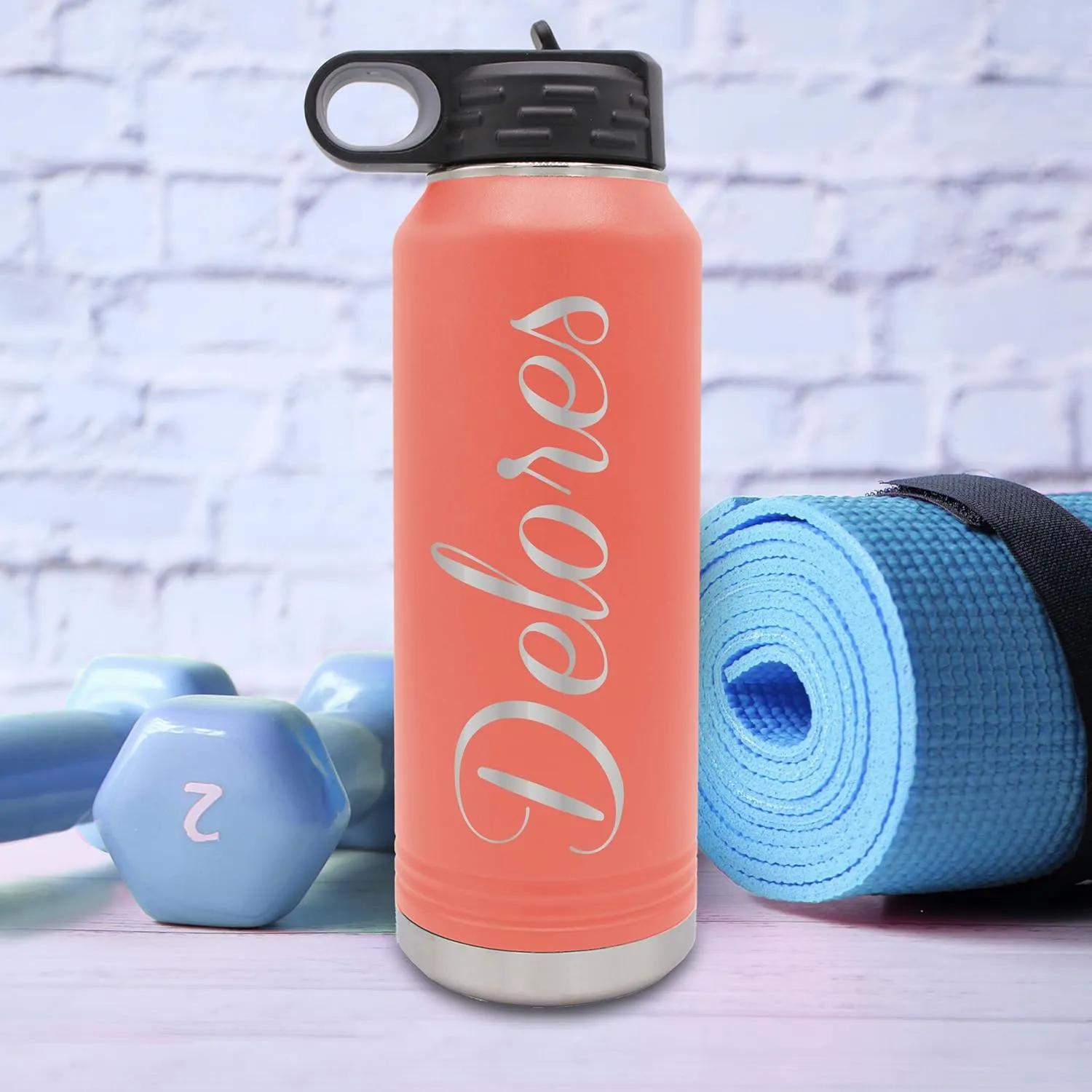 My Personal Memories Customized Premium 32 oz Vacuum Insulated Powder Coated Stainless Steel Sports Water Bottle with Straw for Workouts, Yoga, Office, Work, Women, Men (Coral)