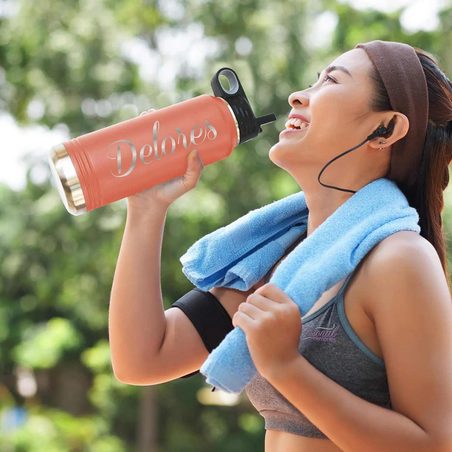 My Personal Memories Customized Premium 32 oz Vacuum Insulated Powder Coated Stainless Steel Sports Water Bottle with Straw for Workouts, Yoga, Office, Work, Women, Men (Coral)