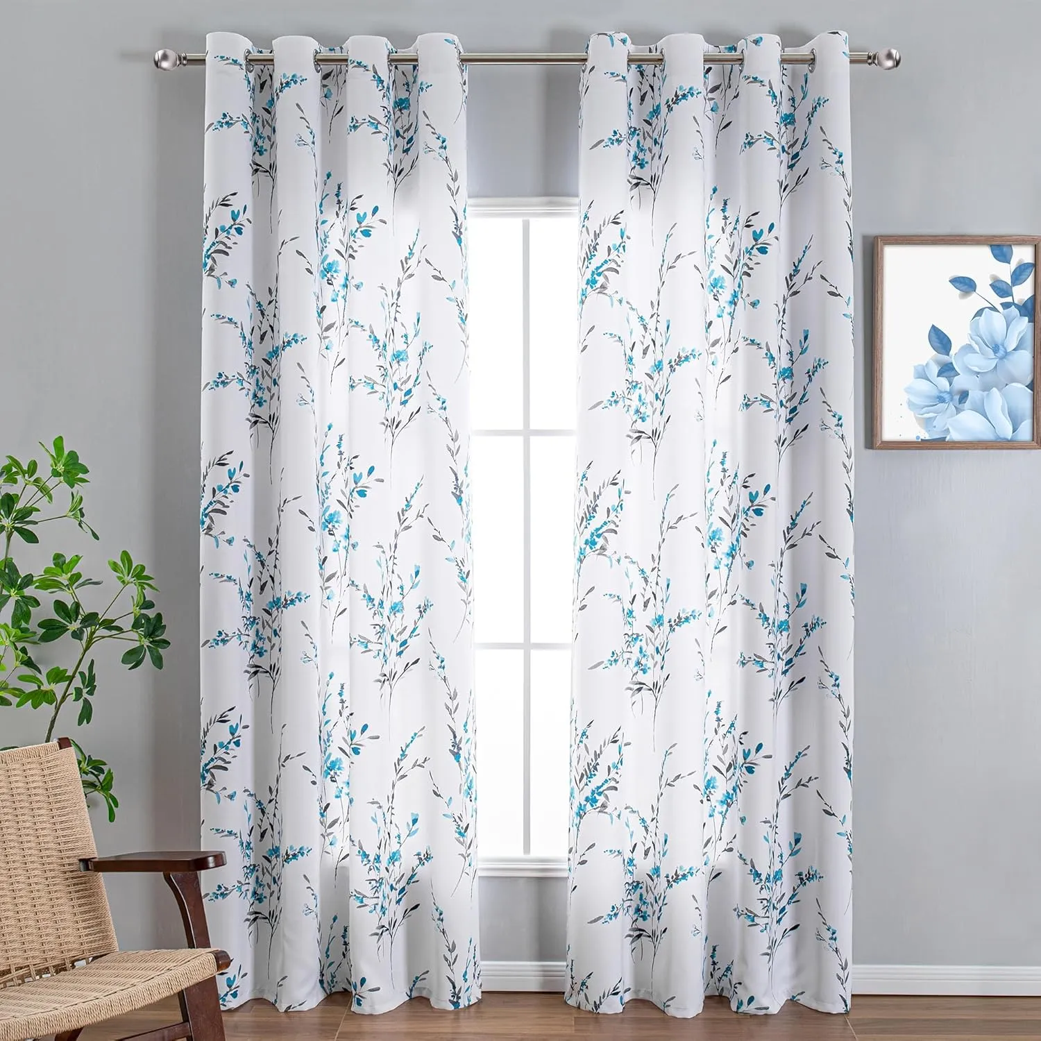 MYSKY HOME Floral Curtains for Living Room Thermal Insulated Light Blocking Grommet Leaf Flower Soft Curtains for Dining Room Patio Bedroom, 52 Inch by 84 Inch, 2 Pieces, Teal
