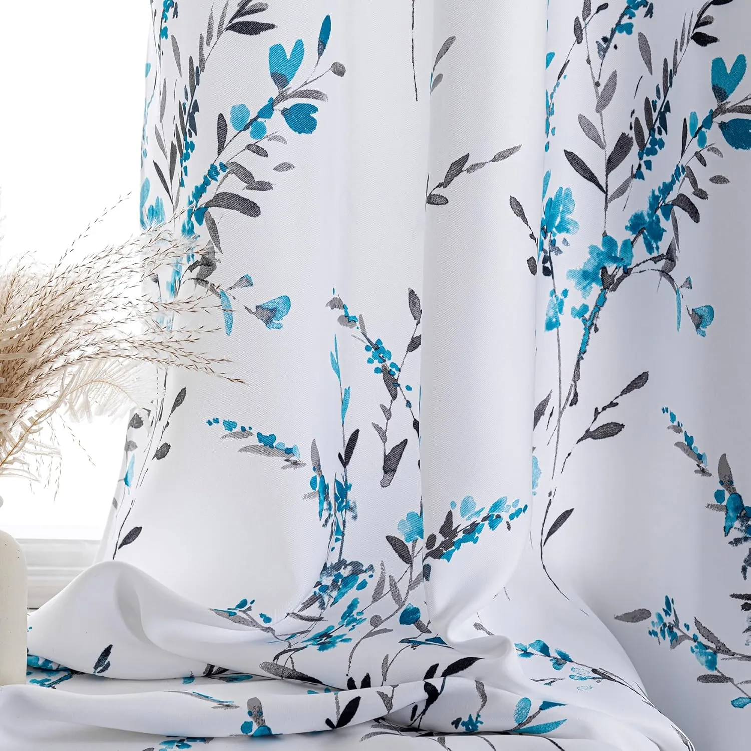 MYSKY HOME Floral Curtains for Living Room Thermal Insulated Light Blocking Grommet Leaf Flower Soft Curtains for Dining Room Patio Bedroom, 52 Inch by 84 Inch, 2 Pieces, Teal