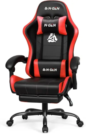 N-GEN GAMING Video Gaming Chair with Footrest High Back Ergonomic Comfortable Office Computer Desk with Lumbar Support Height Adjustable with PU Leather Recliner for Adults Women Men (Red)