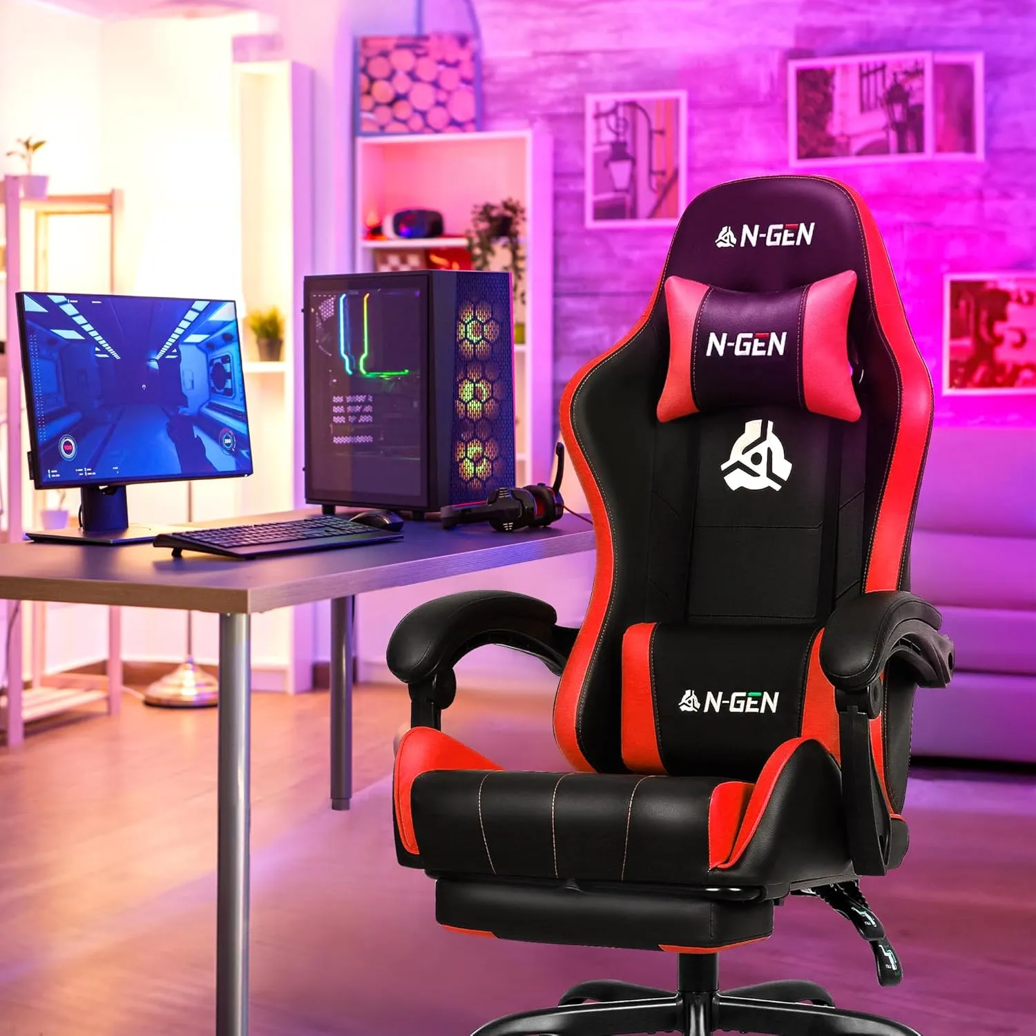 N-GEN GAMING Video Gaming Chair with Footrest High Back Ergonomic Comfortable Office Computer Desk with Lumbar Support Height Adjustable with PU Leather Recliner for Adults Women Men (Red)