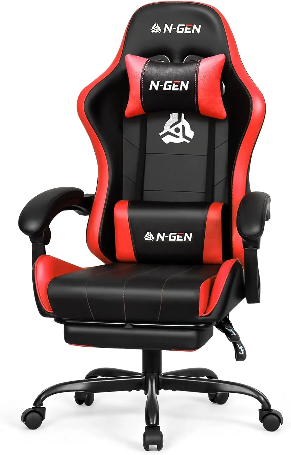 N-GEN GAMING Video Gaming Chair with Footrest High Back Ergonomic Comfortable Office Computer Desk with Lumbar Support Height Adjustable with PU Leather Recliner for Adults Women Men (Red)