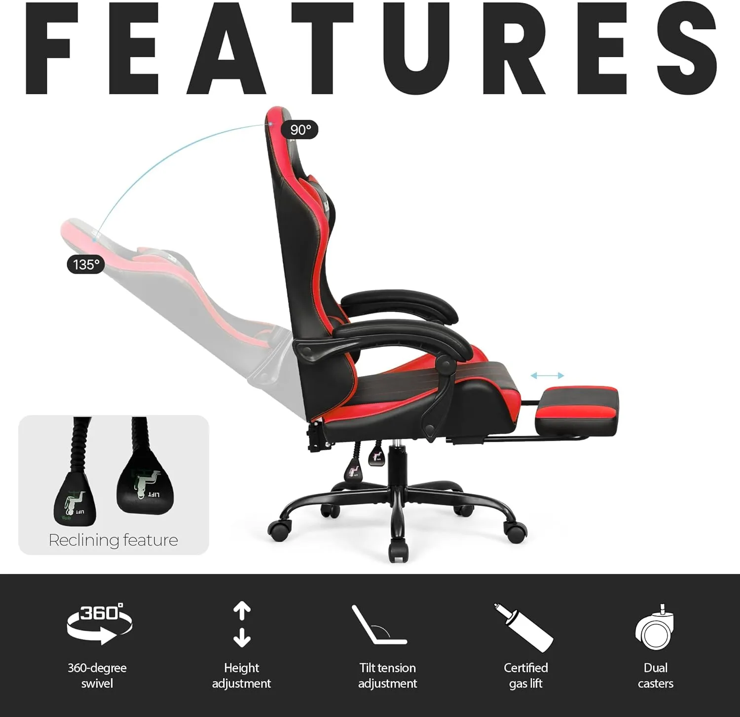 N-GEN GAMING Video Gaming Chair with Footrest High Back Ergonomic Comfortable Office Computer Desk with Lumbar Support Height Adjustable with PU Leather Recliner for Adults Women Men (Red)