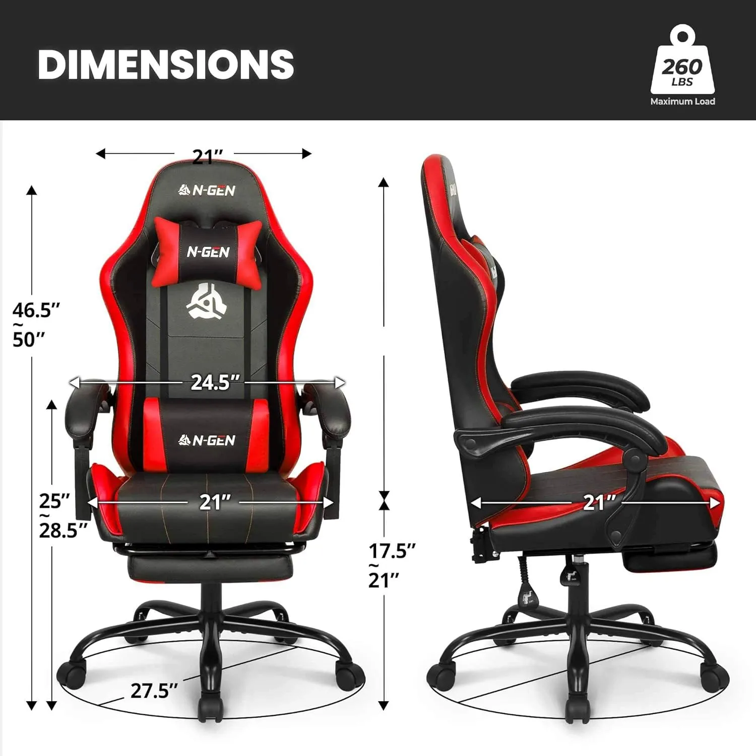 N-GEN GAMING Video Gaming Chair with Footrest High Back Ergonomic Comfortable Office Computer Desk with Lumbar Support Height Adjustable with PU Leather Recliner for Adults Women Men (Red)