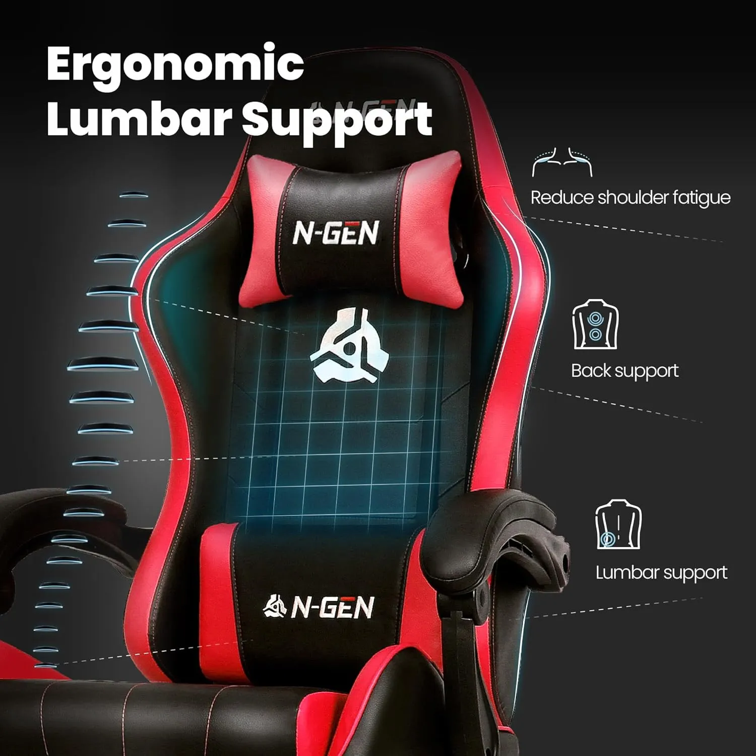 N-GEN GAMING Video Gaming Chair with Footrest High Back Ergonomic Comfortable Office Computer Desk with Lumbar Support Height Adjustable with PU Leather Recliner for Adults Women Men (Red)