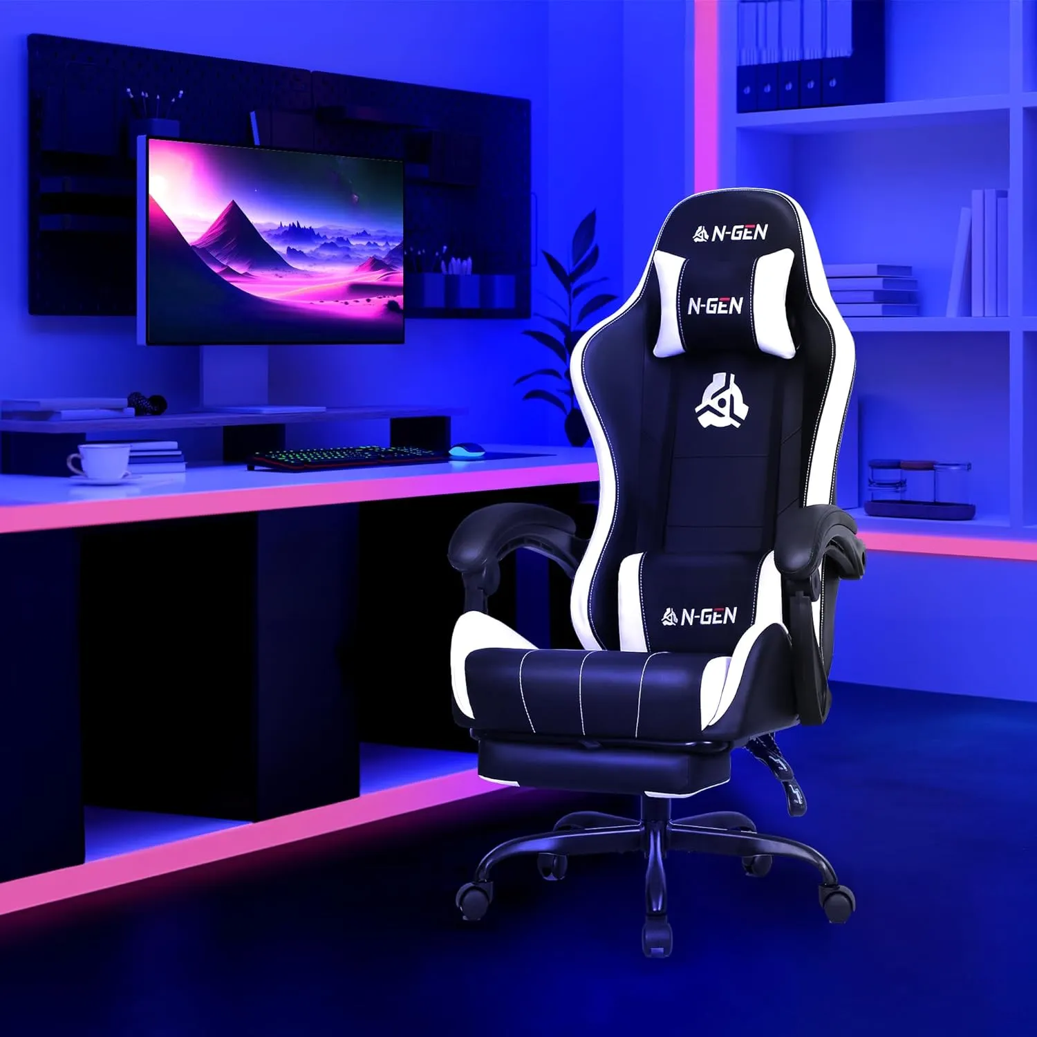 N-GEN GAMING Video Gaming Chair with Footrest Lumbar Support for Home Office High Back Recliner Height Adjustable Ergonomic Comfy Leather Computer Desk Chair (White)