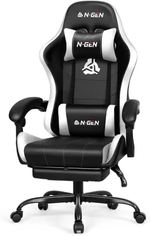 N-GEN GAMING Video Gaming Chair with Footrest Lumbar Support for Home Office High Back Recliner Height Adjustable Ergonomic Comfy Leather Computer Desk Chair (White)