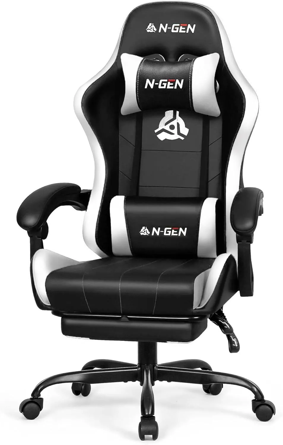 N-GEN GAMING Video Gaming Chair with Footrest Lumbar Support for Home Office High Back Recliner Height Adjustable Ergonomic Comfy Leather Computer Desk Chair (White)